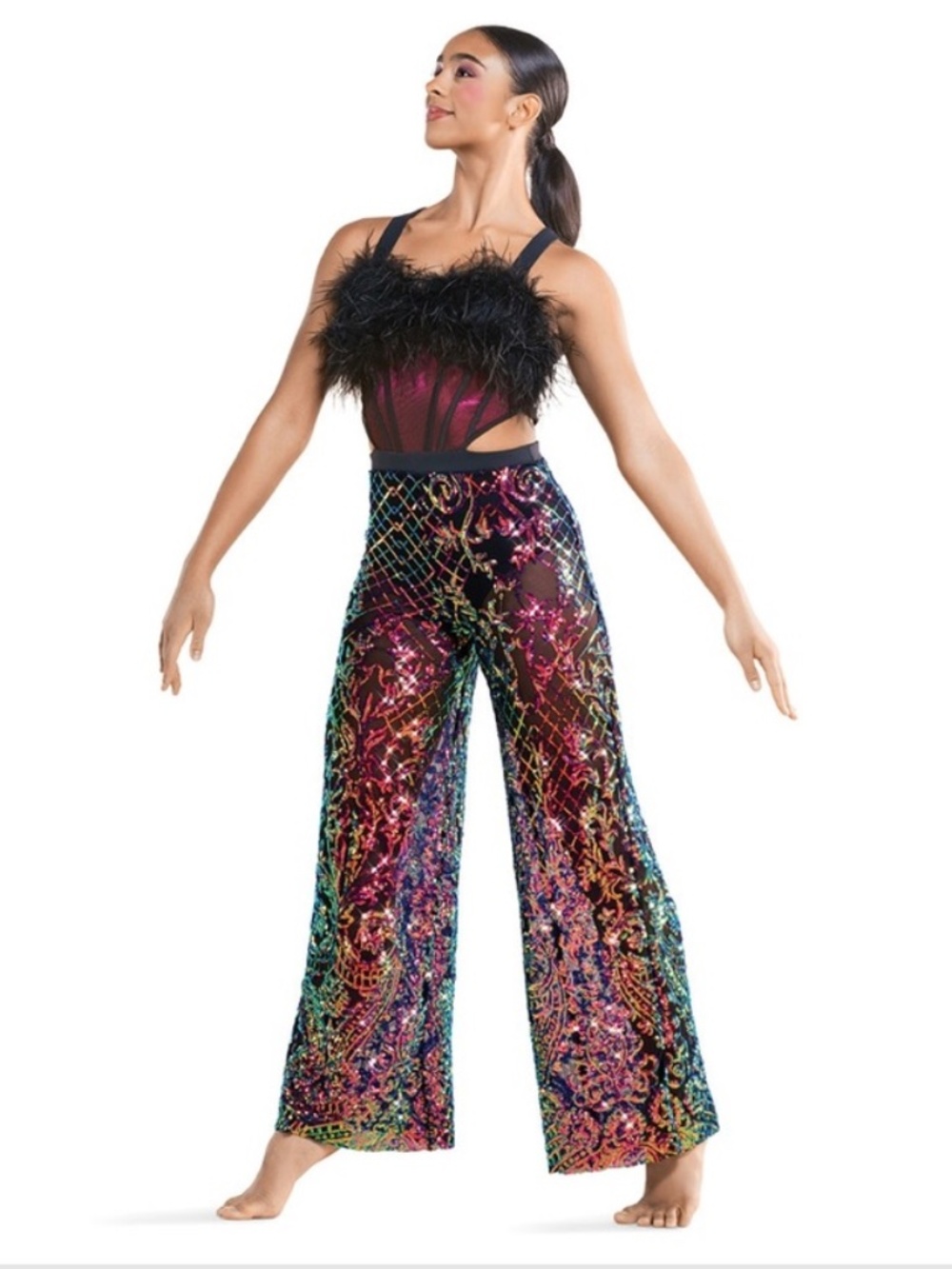 Revolution 10th House Dance Costume sequin Feather jumpsuit